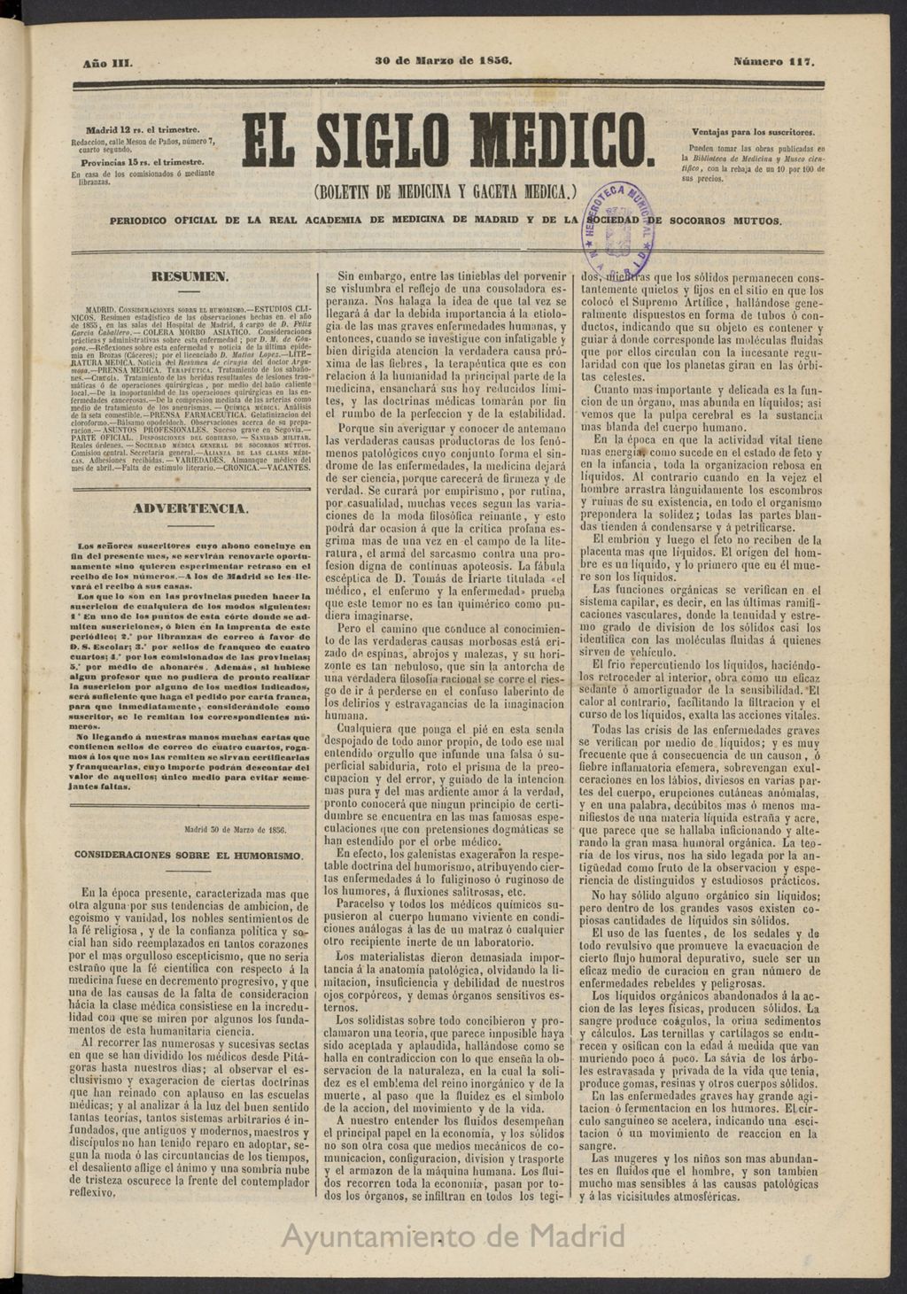 Miniatura de El Siglo Médico: boletín de medicina y gaceta médica del 30 de marzo de 1856, nº 117