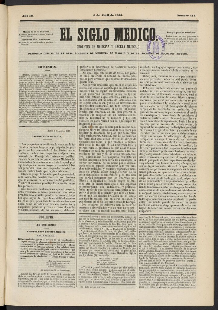 Miniatura de El Siglo Médico: boletín de medicina y gaceta médica del 6 de abril de 1856, nº 118
