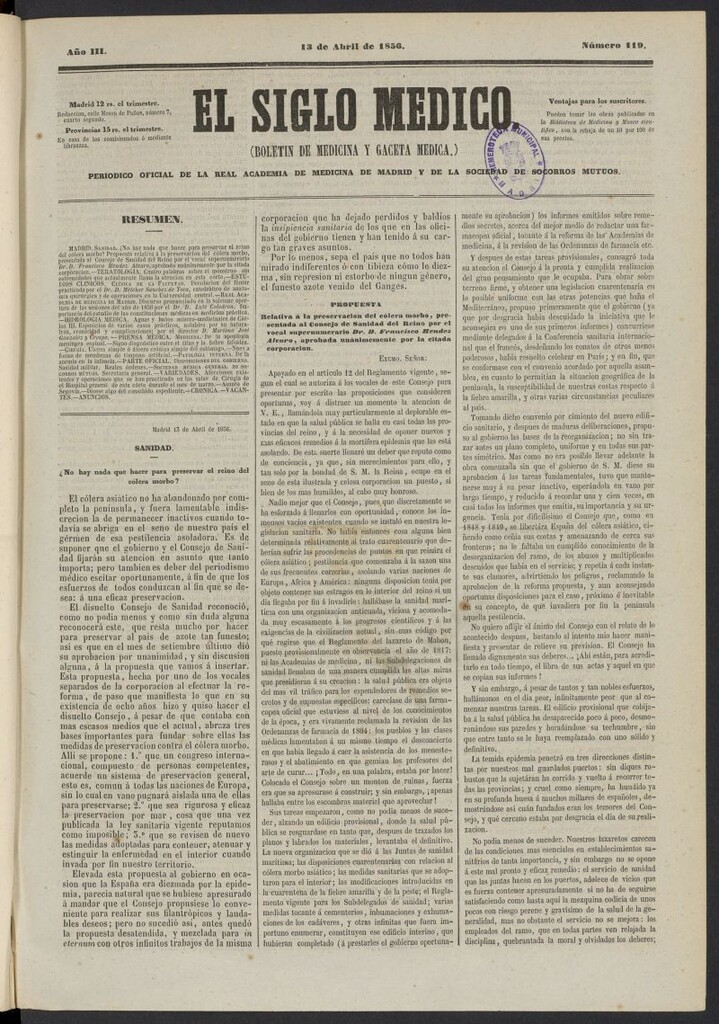 Miniatura de El Siglo Médico: boletín de medicina y gaceta médica del 13 de abril de 1856, nº 119