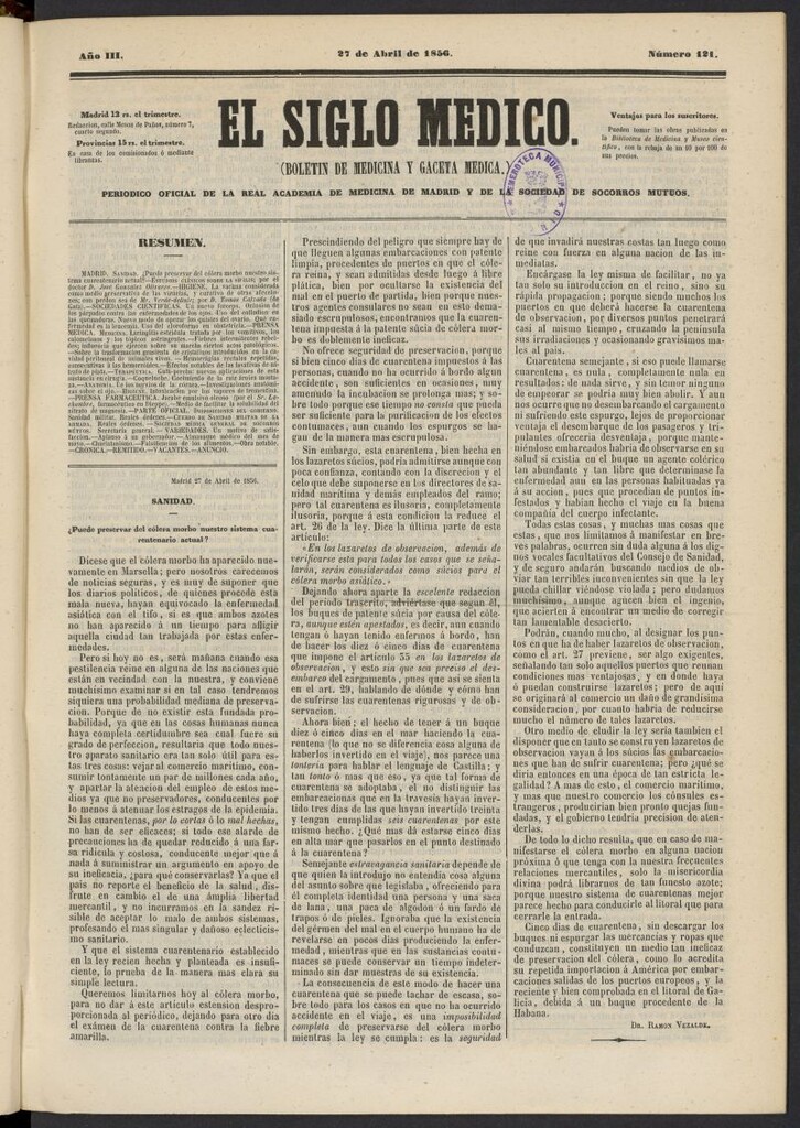 Miniatura de El Siglo Médico: boletín de medicina y gaceta médica del 27 de abril de 1856, nº 121