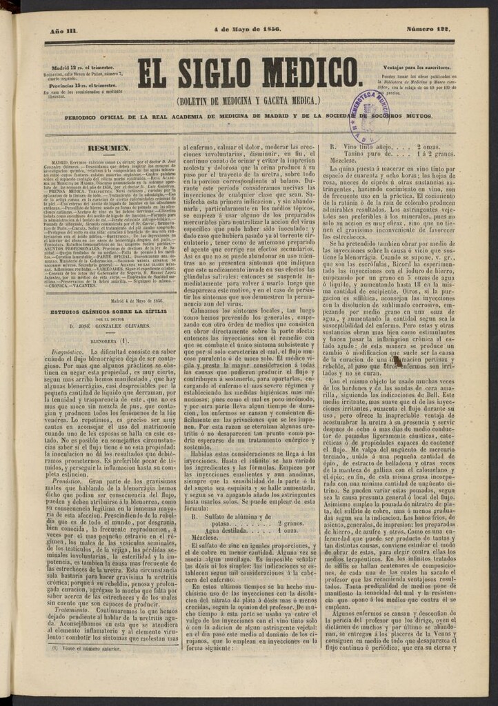 Miniatura de El Siglo Médico: boletín de medicina y gaceta médica del 4 de mayo de 1856, nº 122