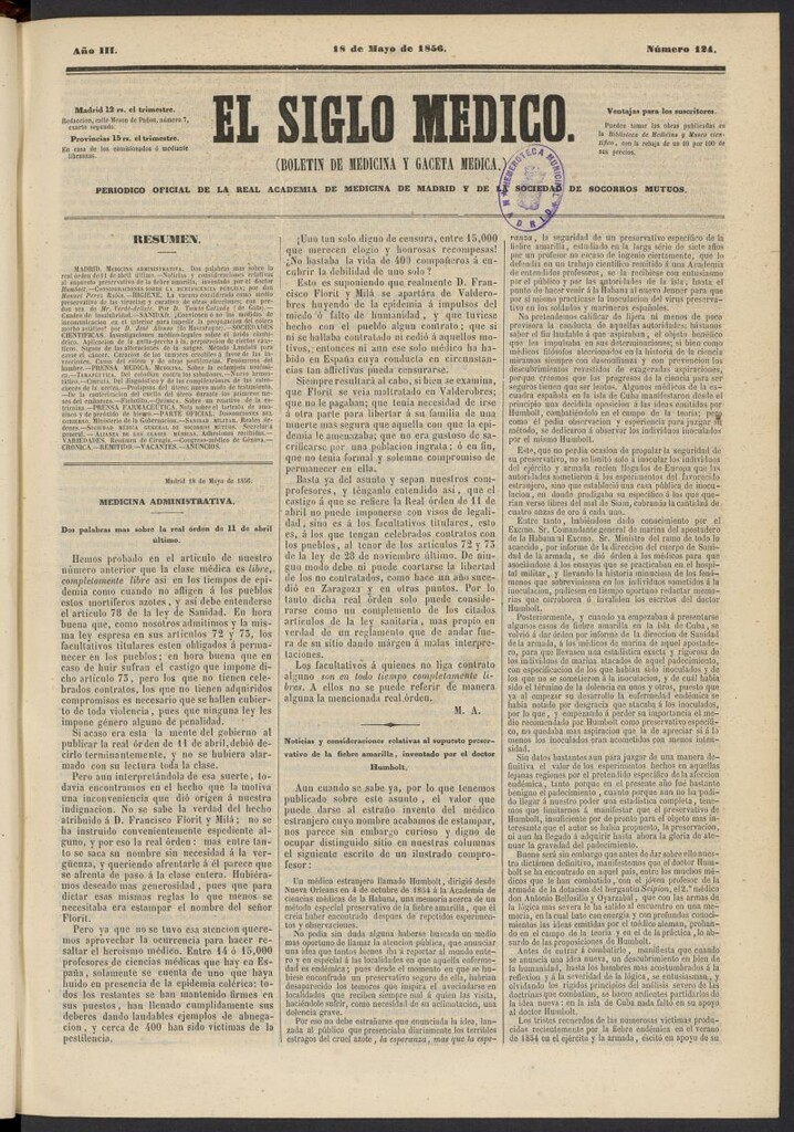 Miniatura de El Siglo Médico: boletín de medicina y gaceta médica del 18 de mayo de 1856, nº 124