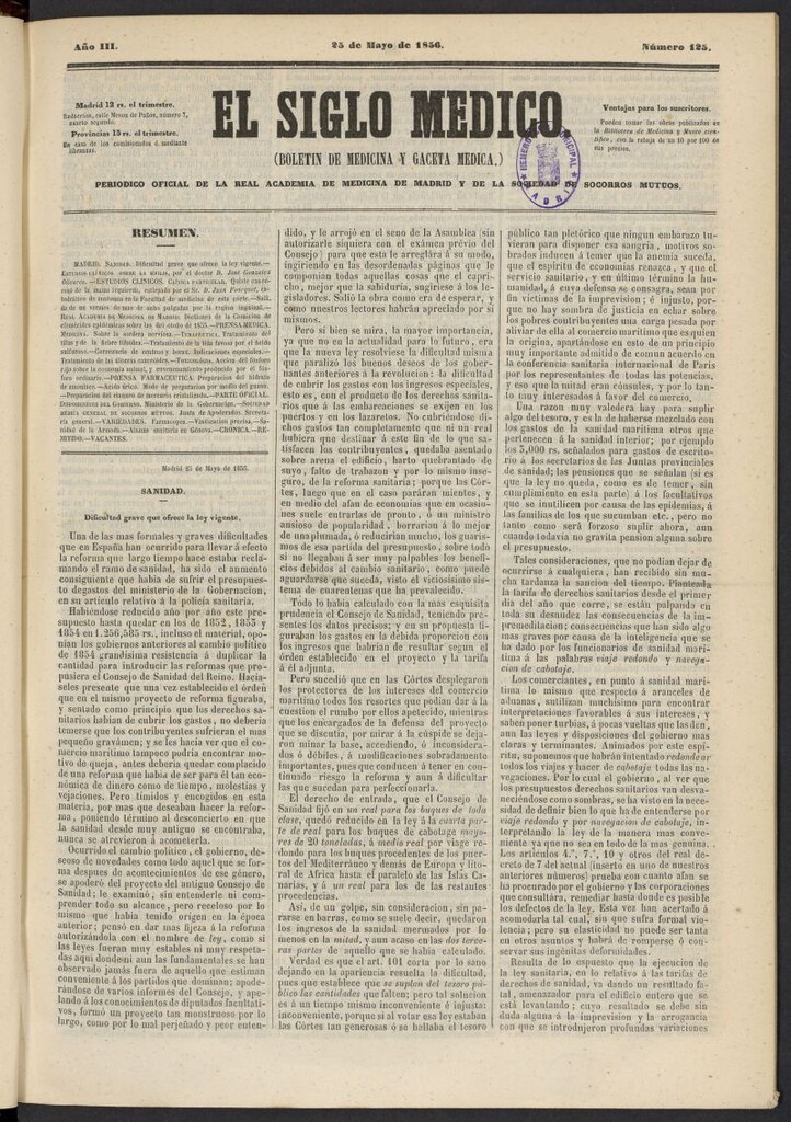 Miniatura de El Siglo Médico: boletín de medicina y gaceta médica del 25 de mayo de 1856, nº 125