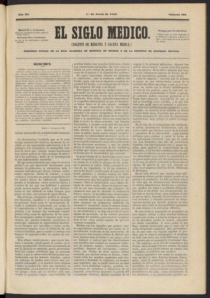 Miniatura de El Siglo Médico: boletín de medicina y gaceta médica del 1 de junio de 1856, nº 126