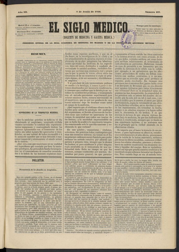 Miniatura de El Siglo Médico: boletín de medicina y gaceta médica del 8 de junio de 1856, nº 127