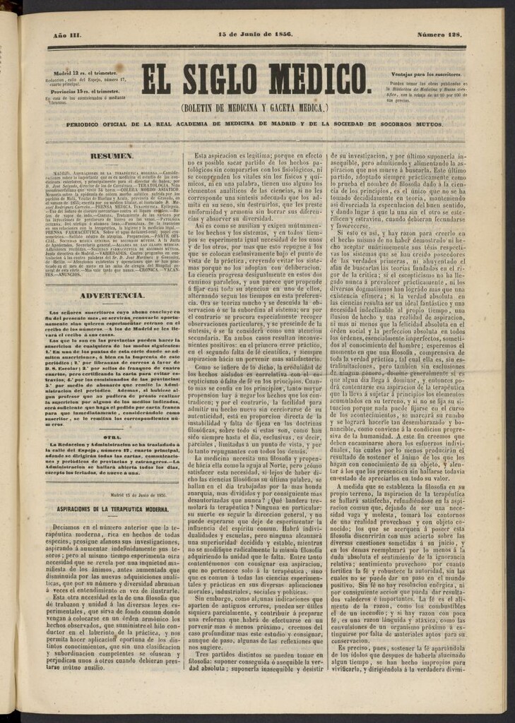 Miniatura de El Siglo Médico: boletín de medicina y gaceta médica del 15 de junio de 1856, nº 128