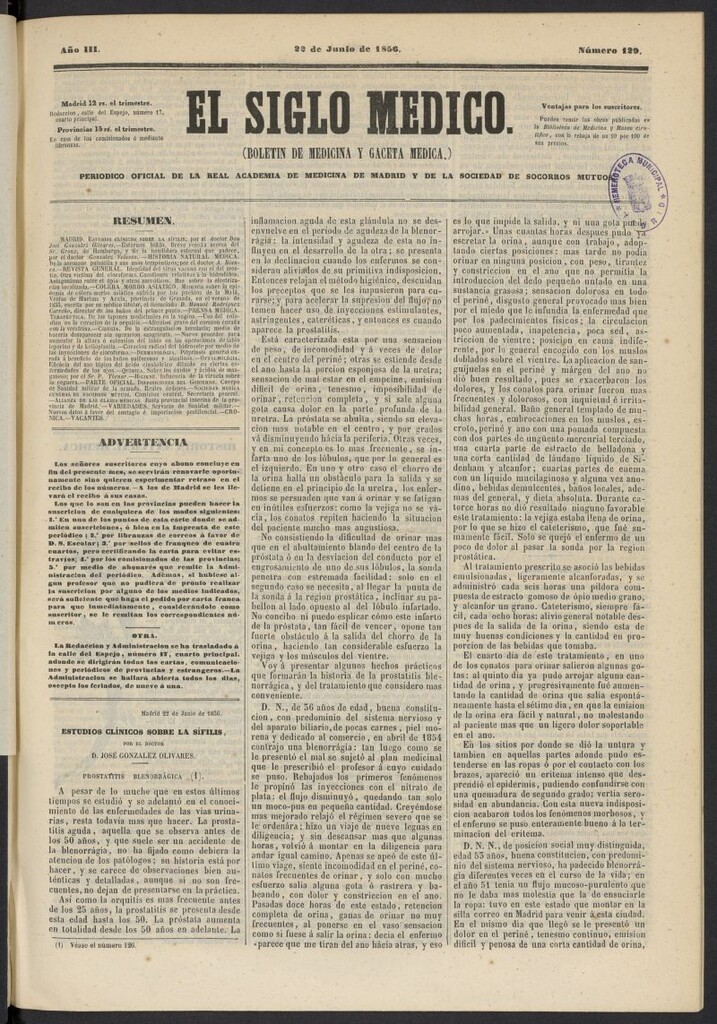 Miniatura de El Siglo Médico: boletín de medicina y gaceta médica del 22 de junio de 1856, nº 129