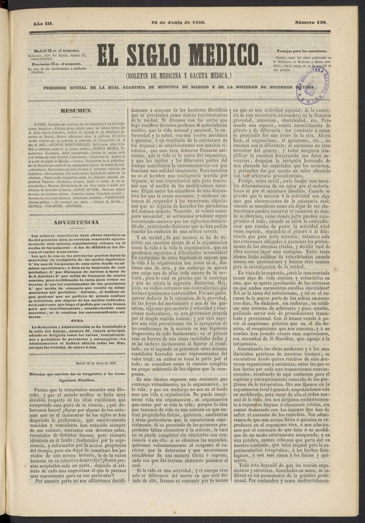 Miniatura de El Siglo Médico: boletín de medicina y gaceta médica del 29 de junio de 1856, nº 130