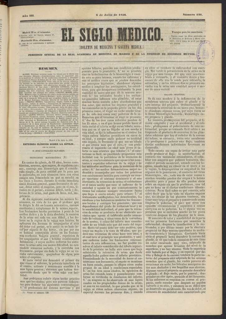Miniatura de El Siglo Médico: boletín de medicina y gaceta médica del 6 de julio de 1856, nº 131