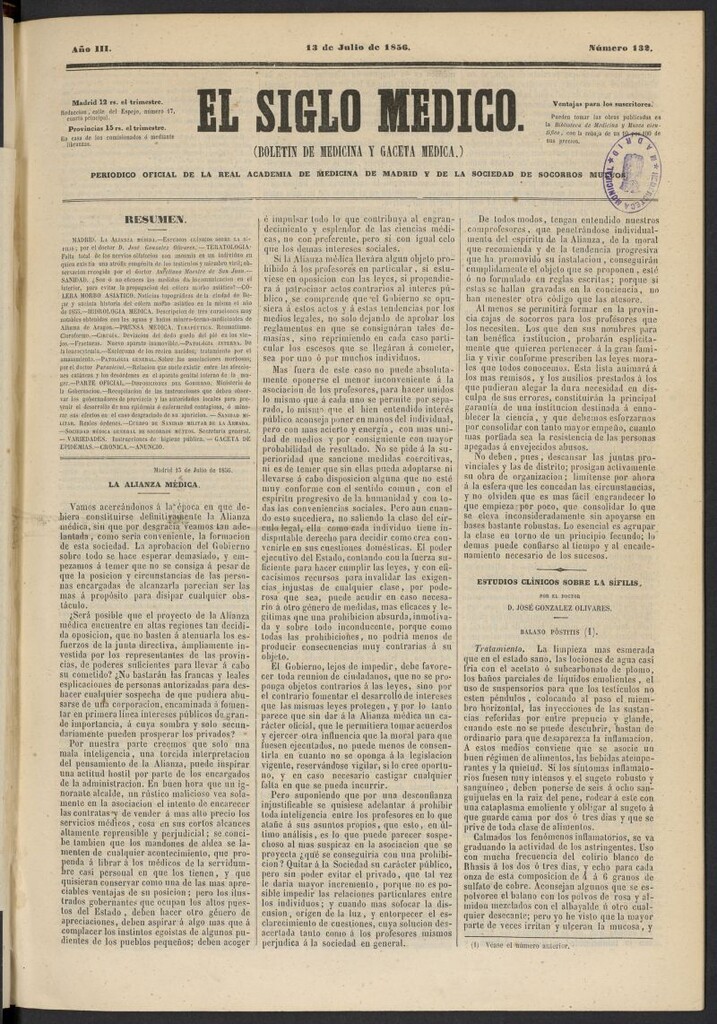 Miniatura de El Siglo Médico: boletín de medicina y gaceta médica del 13 de julio de 1856, nº 132