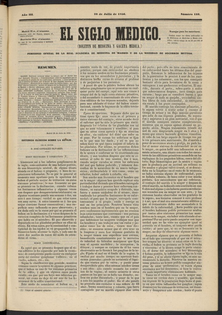 Miniatura de El Siglo Médico: boletín de medicina y gaceta médica del 20 de julio de 1856, nº 133