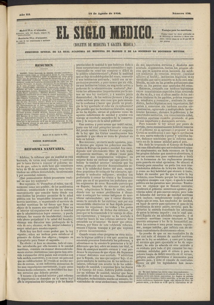 Miniatura de El Siglo Médico: boletín de medicina y gaceta médica del 10 de agosto de 1856, nº 136