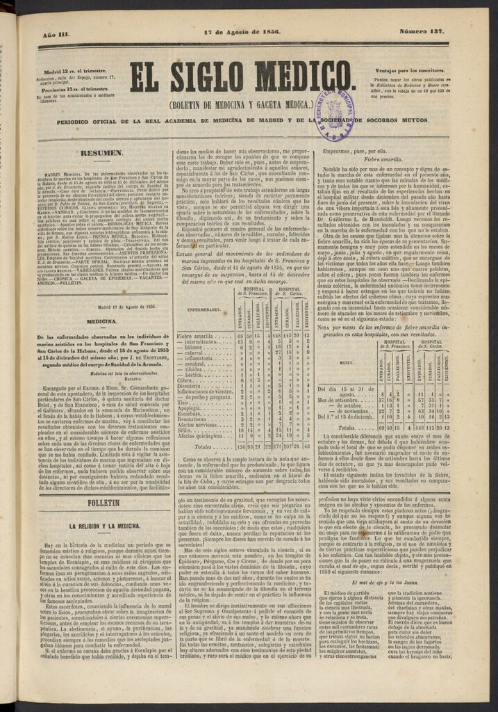 Miniatura de El Siglo Médico: boletín de medicina y gaceta médica del 17 de agosto de 1856, nº 137
