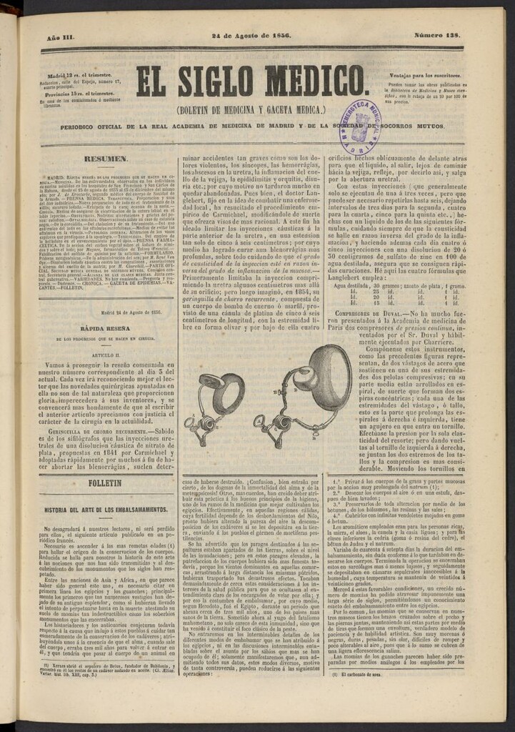 Miniatura de El Siglo Médico: boletín de medicina y gaceta médica del 24 de agosto de 1856, nº 138