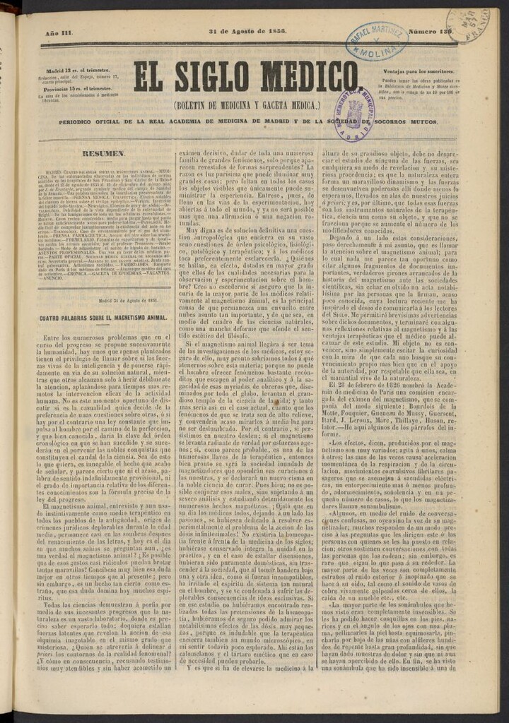 Miniatura de El Siglo Médico: boletín de medicina y gaceta médica del 31 de agosto de 1856, nº 139