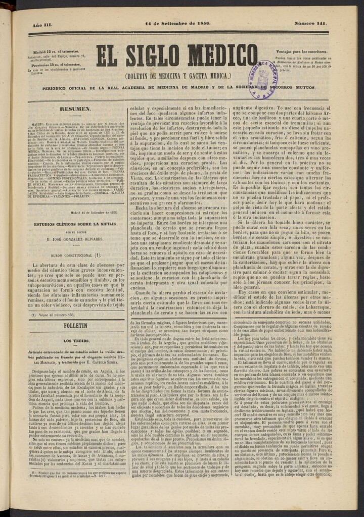 Miniatura de El Siglo Médico: boletín de medicina y gaceta médica del 14 de septiembre de 1856, nº 141