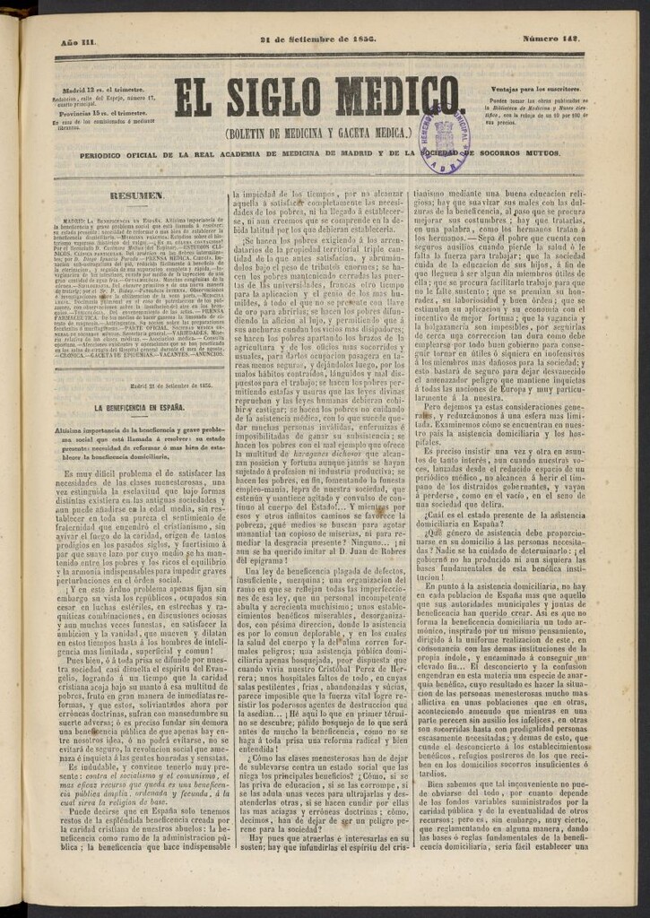 Miniatura de El Siglo Médico: boletín de medicina y gaceta médica del 21 de septiembre de 1856, nº 142