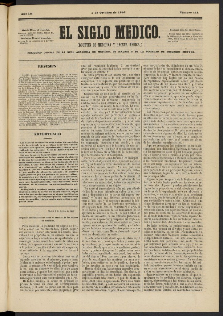 Miniatura de El Siglo Médico: boletín de medicina y gaceta médica del 5 de octubre de 1856, nº 144