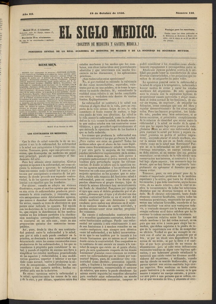 Miniatura de El Siglo Médico: boletín de medicina y gaceta médica del 19 de octubre de 1856, nº 146