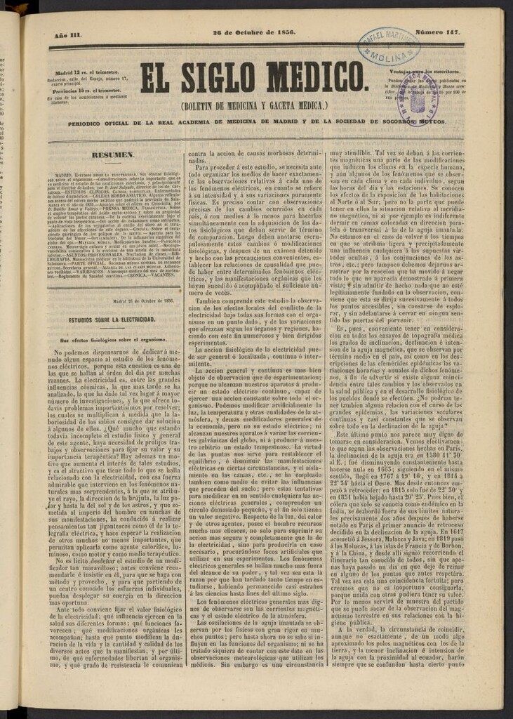 Miniatura de El Siglo Médico: boletín de medicina y gaceta médica del 26 de octubre de 1856, nº 147