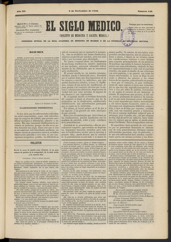 Miniatura de El Siglo Médico: boletín de medicina y gaceta médica del 9 de noviembre de 1856, nº 149