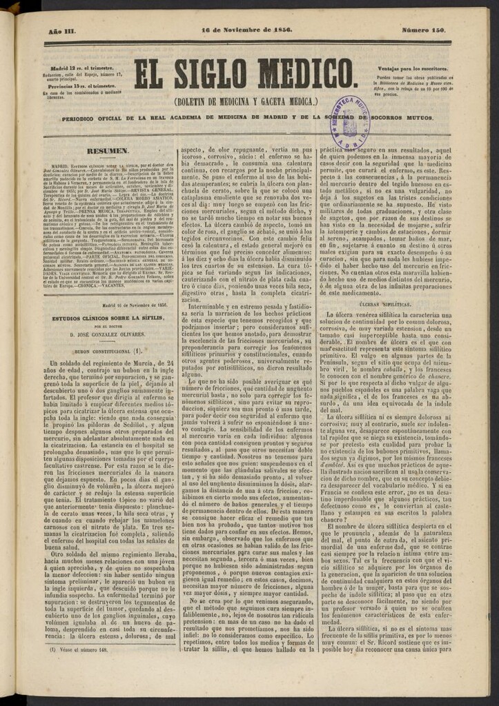 Miniatura de El Siglo Médico: boletín de medicina y gaceta médica del 16 de noviembre de 1856, nº 150