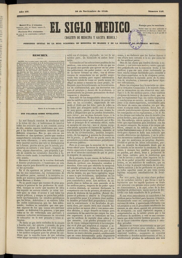 Miniatura de El Siglo Médico: boletín de medicina y gaceta médica del 30 de noviembre de 1856, nº 152
