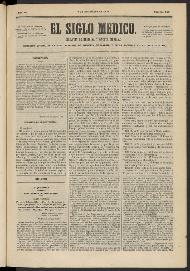 Miniatura de El Siglo Médico: boletín de medicina y gaceta médica del 7 de diciembre de 1856, nº 153
