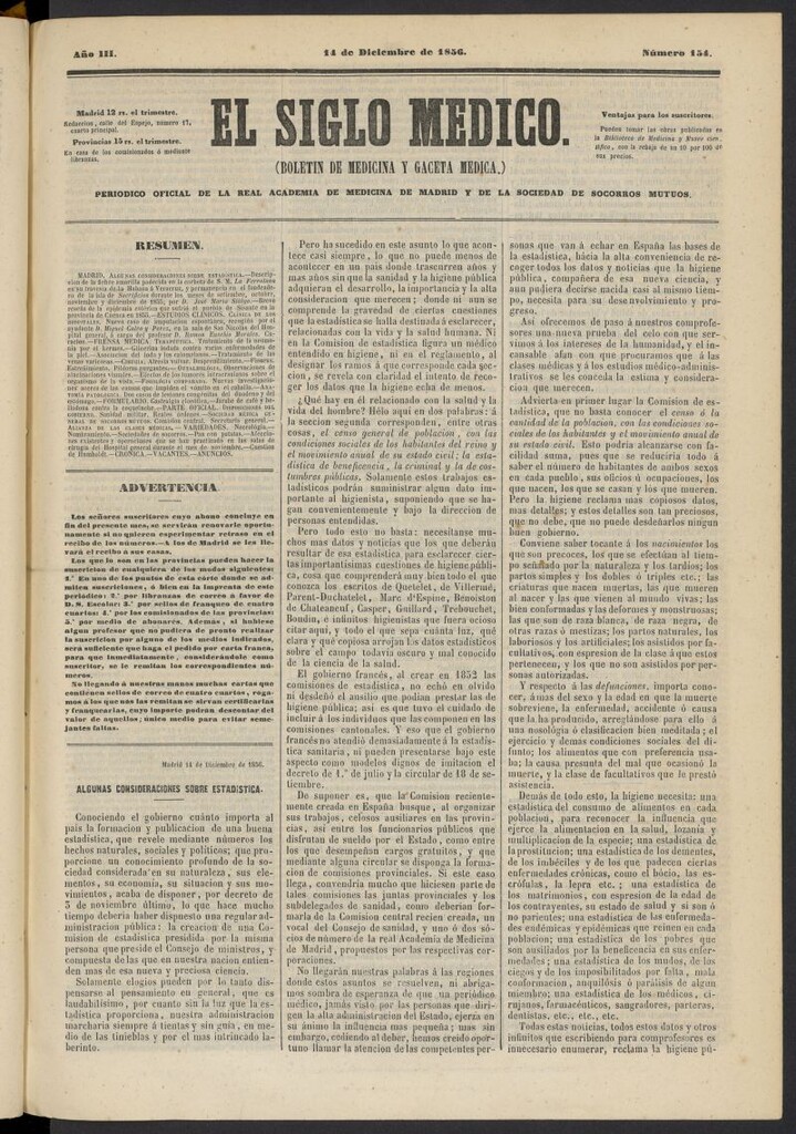 Miniatura de El Siglo Médico: boletín de medicina y gaceta médica del 14 de diciembre de 1856, nº 154