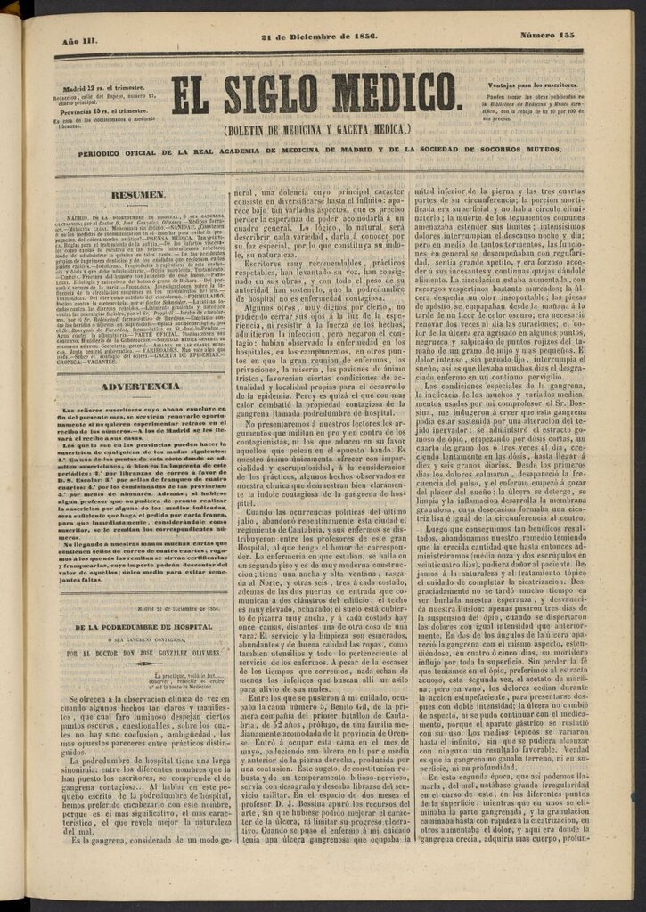 Miniatura de El Siglo Médico: boletín de medicina y gaceta médica del 21 de diciembre de 1856, nº 155