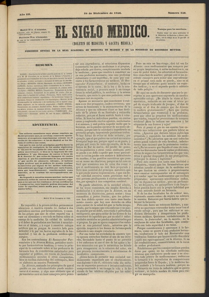 Miniatura de El Siglo Médico: boletín de medicina y gaceta médica del 28 de diciembre de 1856, nº 156