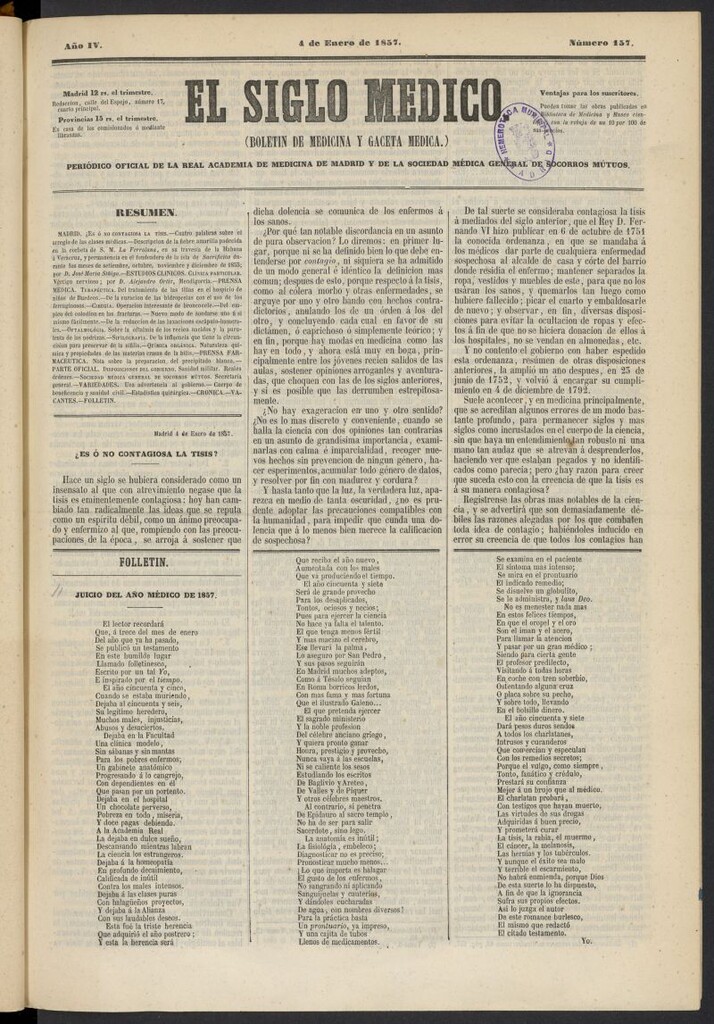 Miniatura de El Siglo Médico: boletín de medicina y gaceta médica del 4 de enero de 1857, nº 157
