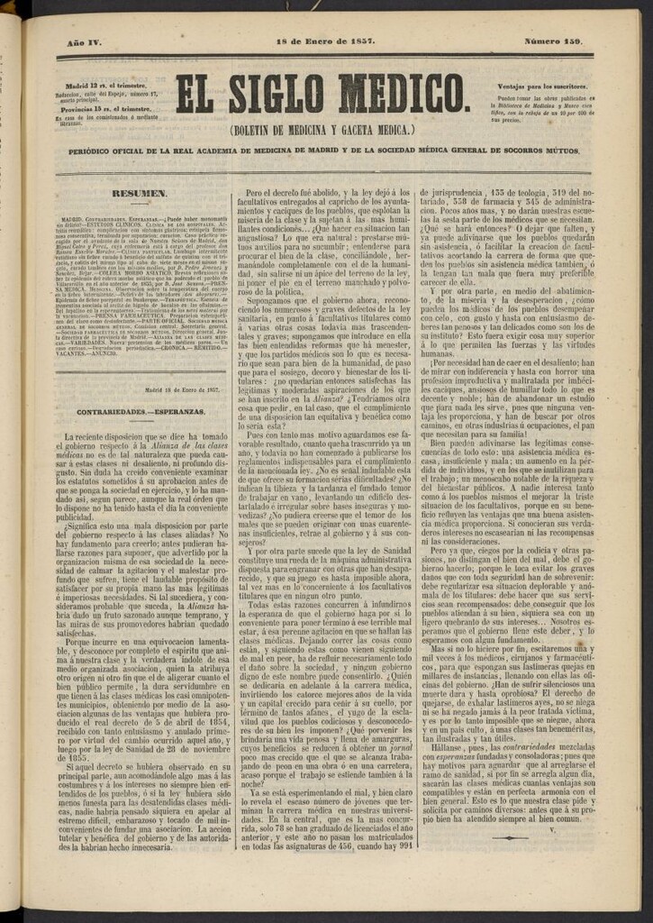 Miniatura de El Siglo Médico: boletín de medicina y gaceta médica del 18 de enero de 1857, nº 159