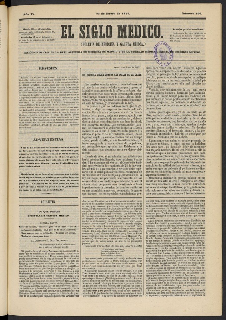 Miniatura de El Siglo Médico: boletín de medicina y gaceta médica del 25 de enero de 1857, nº 160