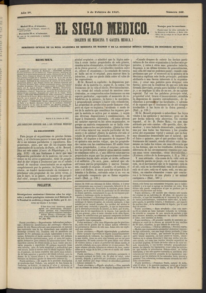 Miniatura de El Siglo Médico: boletín de medicina y gaceta médica del 8 de febrero de 1857, nº 162