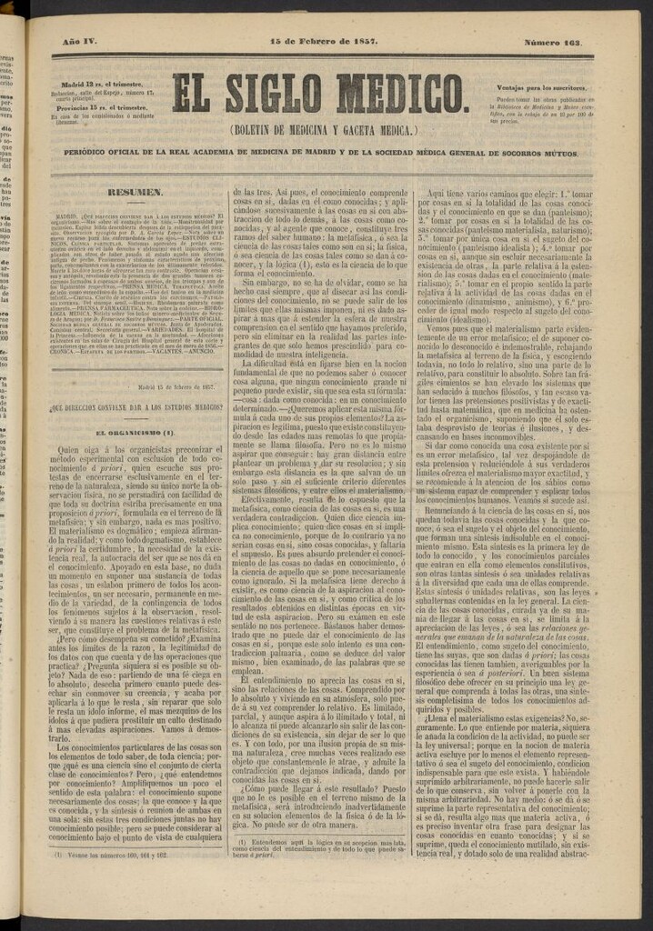 Miniatura de El Siglo Médico: boletín de medicina y gaceta médica del 15 de febrero de 1857, nº 163