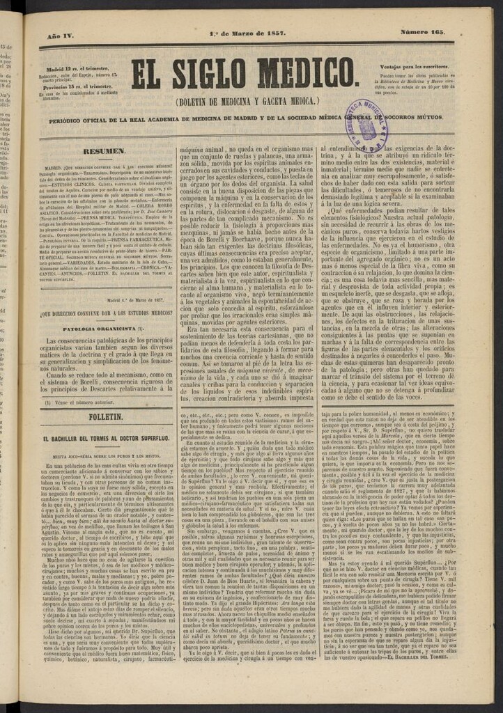 Miniatura de El Siglo Médico: boletín de medicina y gaceta médica del 1 de marzo de 1857, nº 165