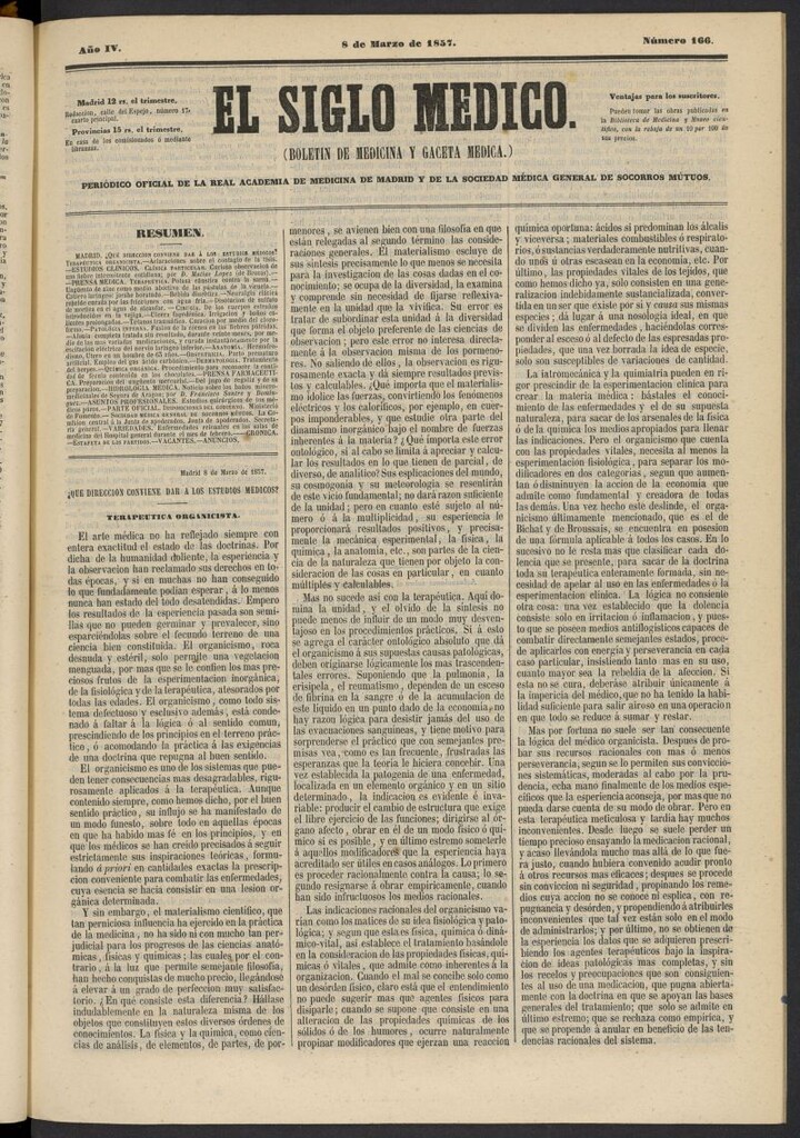 Miniatura de El Siglo Médico: boletín de medicina y gaceta médica del 8 de marzo de 1857, nº 166