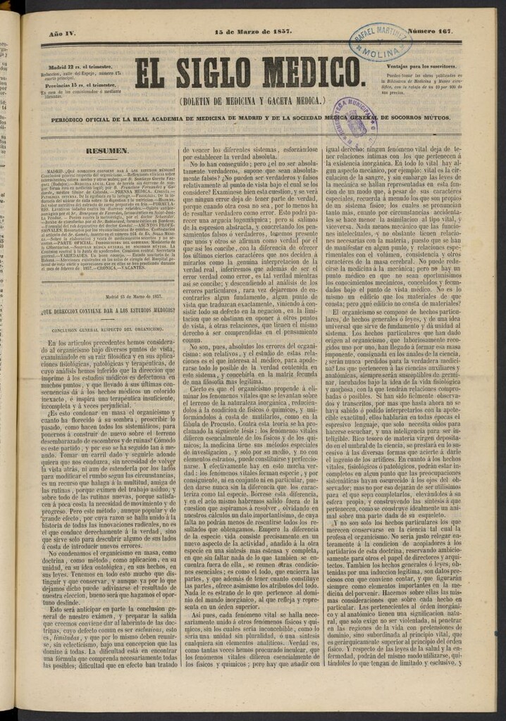 Miniatura de El Siglo Médico: boletín de medicina y gaceta médica del 15 de marzo de 1857, nº 167
