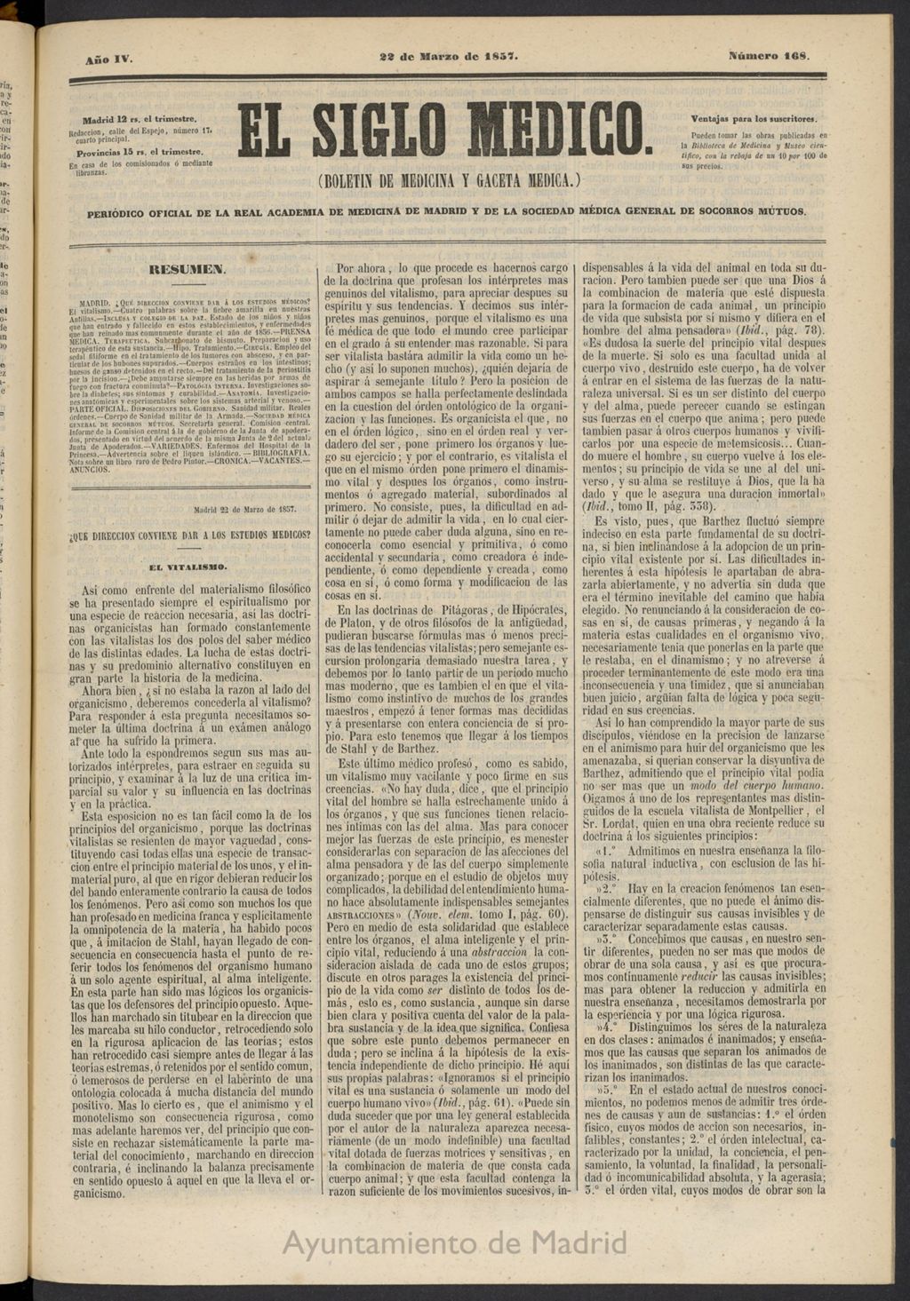 Miniatura de El Siglo Médico: boletín de medicina y gaceta médica del 22 de marzo de 1857, nº 168