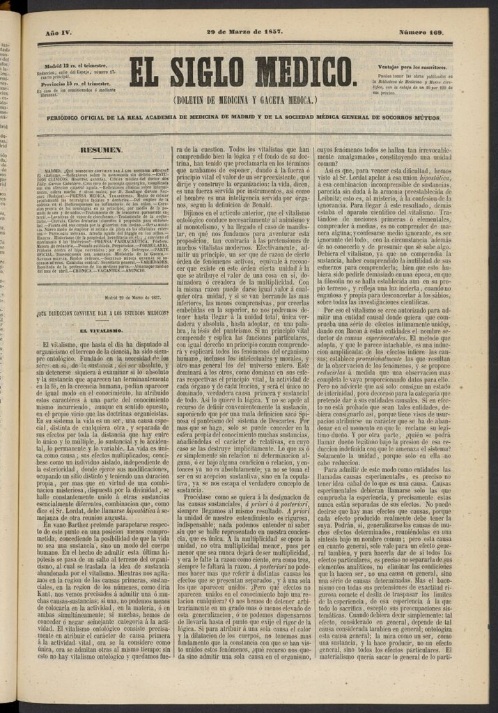 Miniatura de El Siglo Médico: boletín de medicina y gaceta médica del 29 de marzo de 1857, nº 169