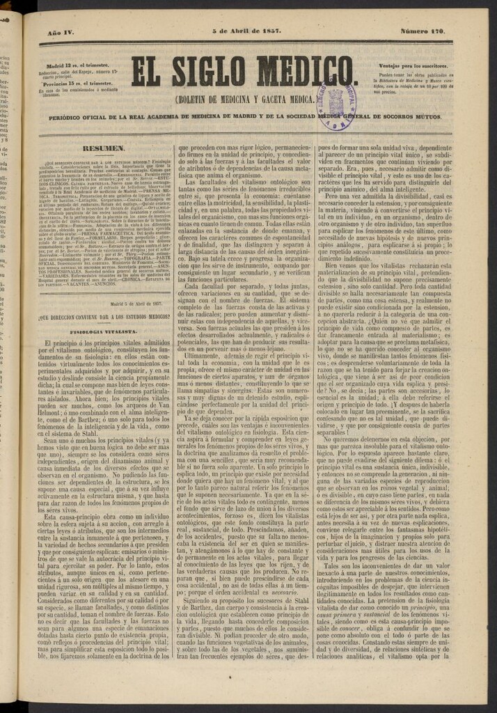 Miniatura de El Siglo Médico: boletín de medicina y gaceta médica del 5 de abril de 1857, nº 170