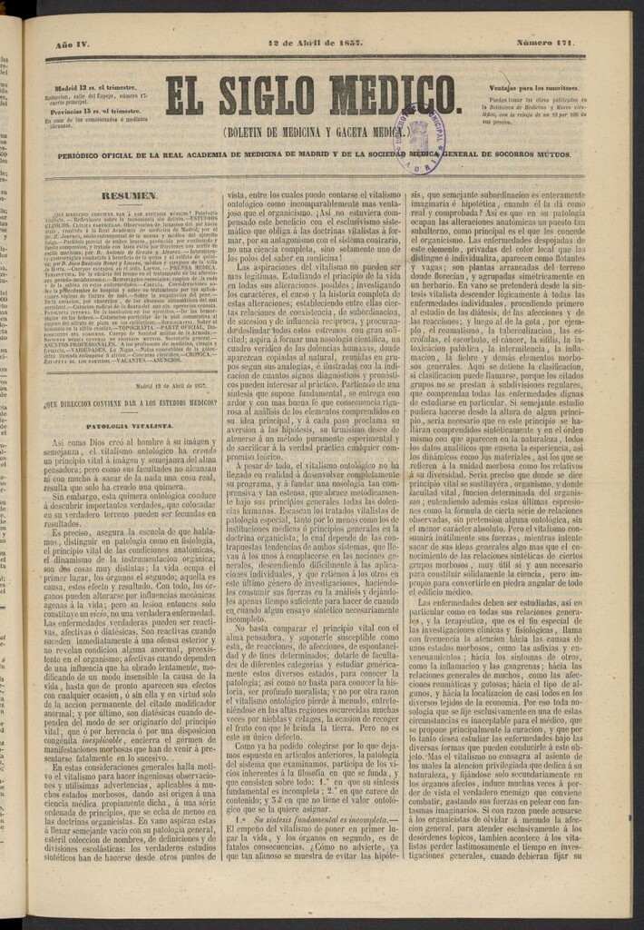 Miniatura de El Siglo Médico: boletín de medicina y gaceta médica del 12 de abril de 1857, nº 171