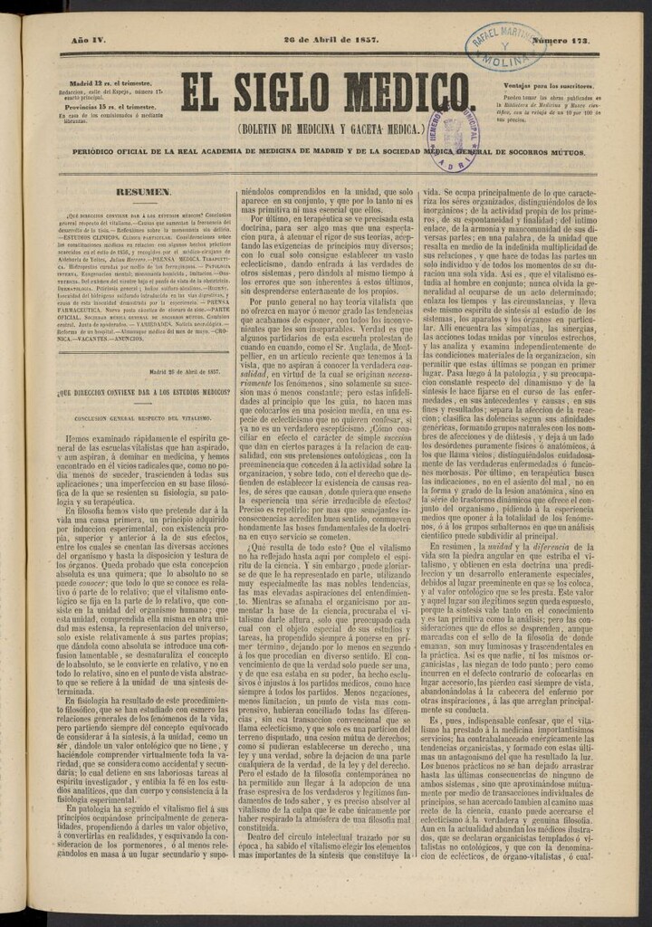 Miniatura de El Siglo Médico: boletín de medicina y gaceta médica del 26 de abril de 1857, nº 173