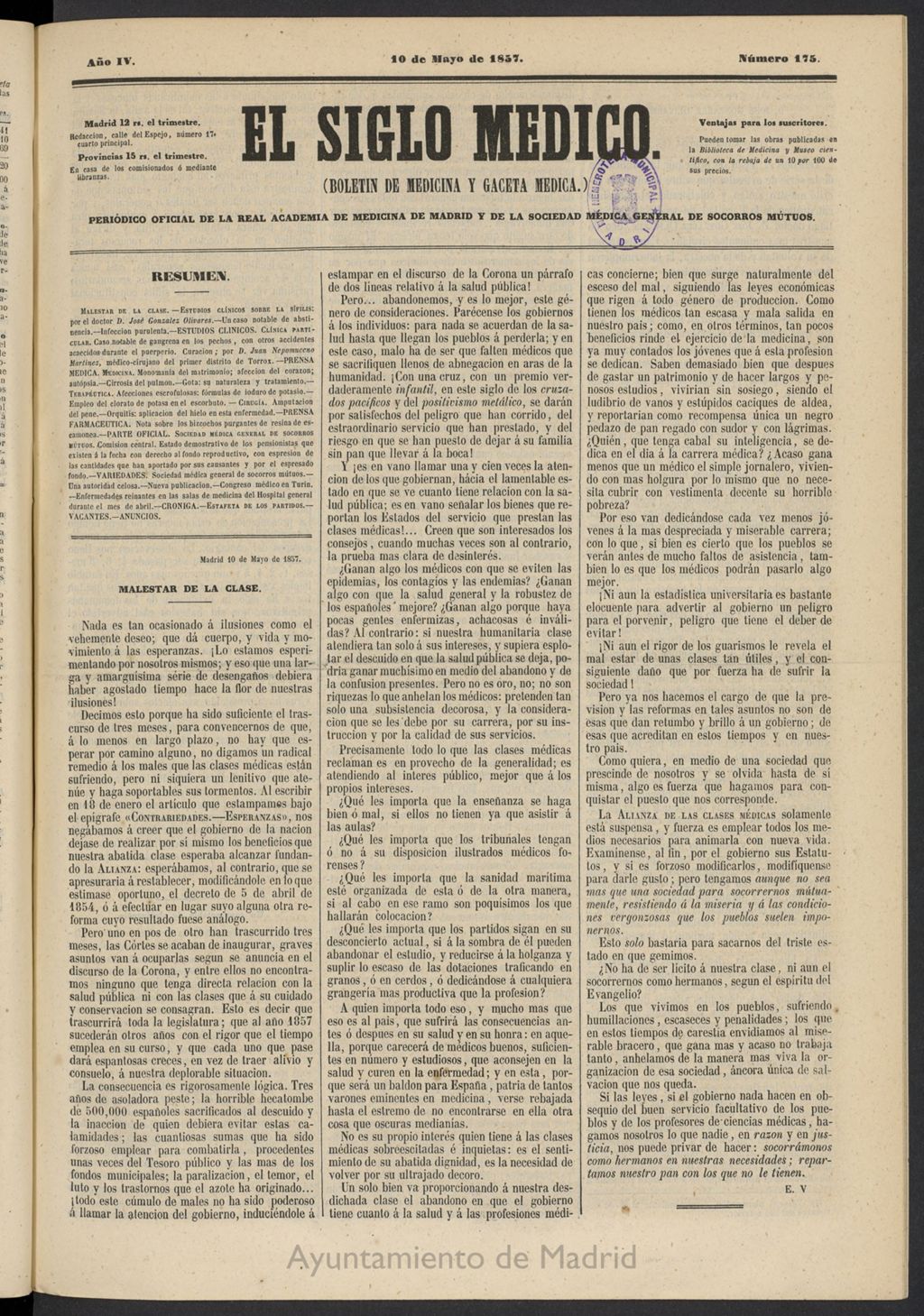 Miniatura de El Siglo Médico: boletín de medicina y gaceta médica del 10 de mayo de 1857, nº 175