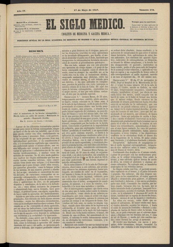 Miniatura de El Siglo Médico: boletín de medicina y gaceta médica del 17 de mayo de 1857, nº 176
