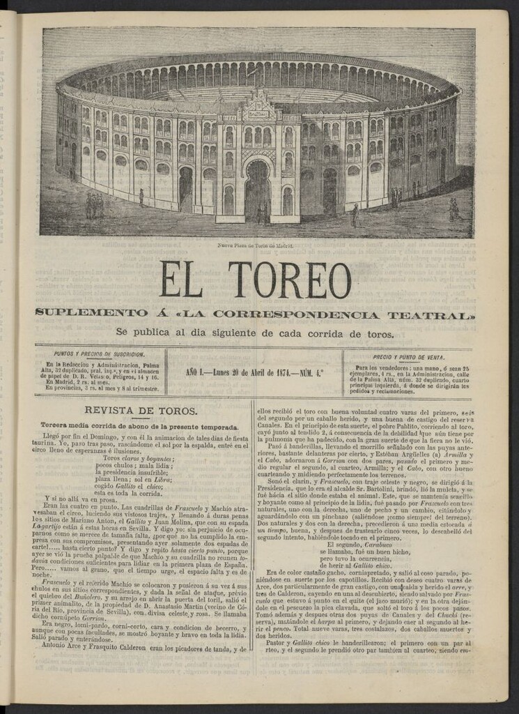 Miniatura de El Toreo: suplemento a "La Correspondencia Teatral" del 20 de abril de 1874, nº 4