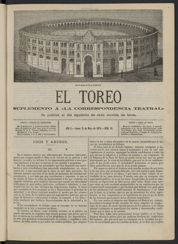 Miniatura de El Toreo: suplemento a "La Correspondencia Teatral" del 25 de mayo de 1874, nº 10