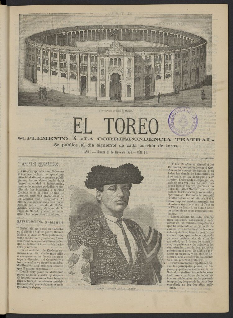 Miniatura de El Toreo: suplemento a "La Correspondencia Teatral" del 29 de mayo ade 1874, nº 11