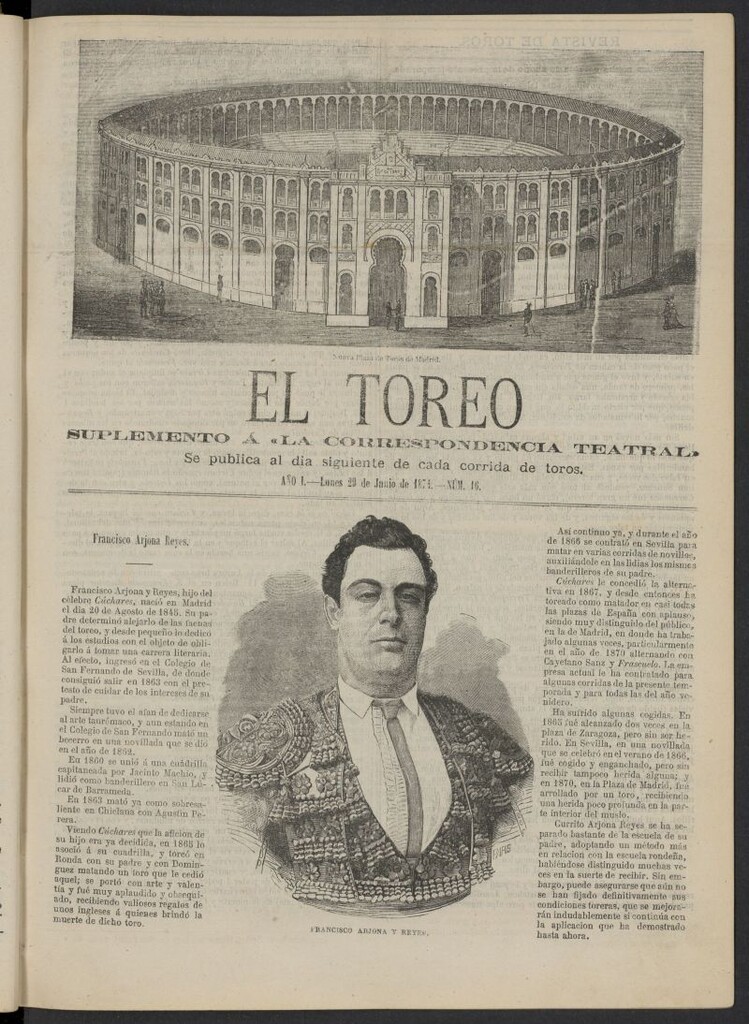 Miniatura de El Toreo: suplemento a "La Correspondencia Teatral" del 29 de junio de 1874, nº 16